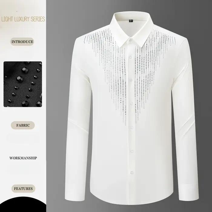 Chemise de luxe à manches longues avec strass pour hommes, robe de soirée pour Banquet social, burea