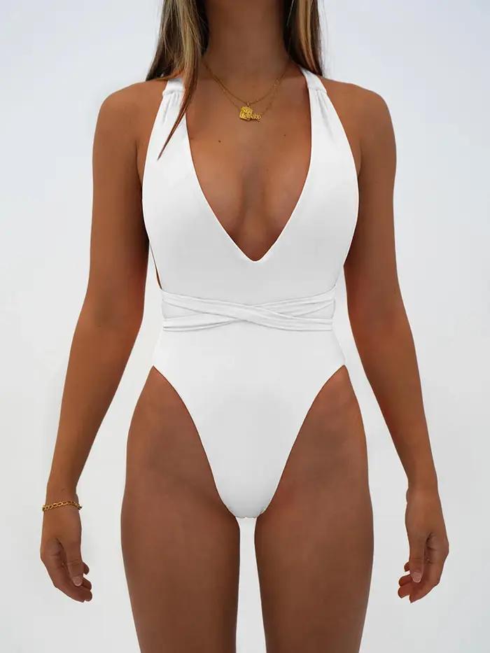 Maillot de bain une pièce Sexy, décolleté en V profond, dos nu, Bandage, Monokini, pour baigneurs, v