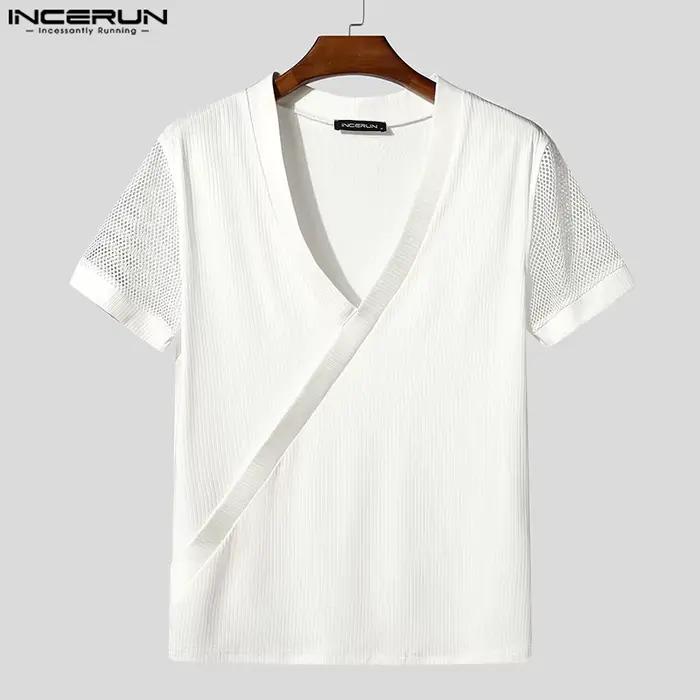 INCERUN hommes t-shirt maille Patchwork col en V à manches courtes hommes t-shirt hauts été Streetwe