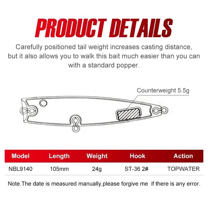 Noeby 105mm 24g Topwater Popper leurres de pêche Wobblers longue coulée appâts durs artificiels eau