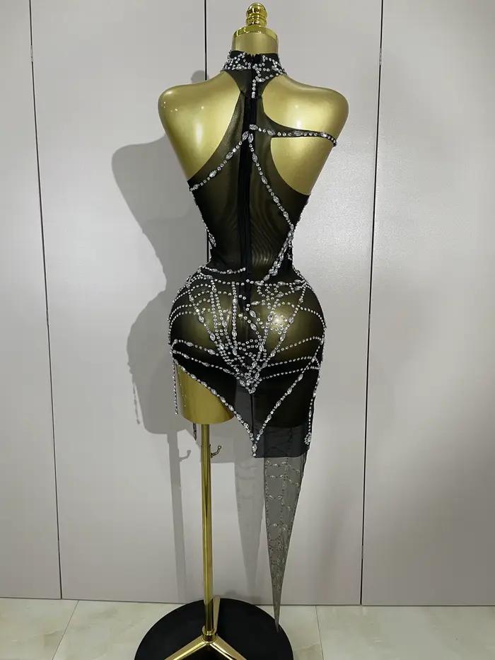 STOCK brillant diamant Sexy maille asymétrique moulante Mini robe femmes discothèque Bar fête specta