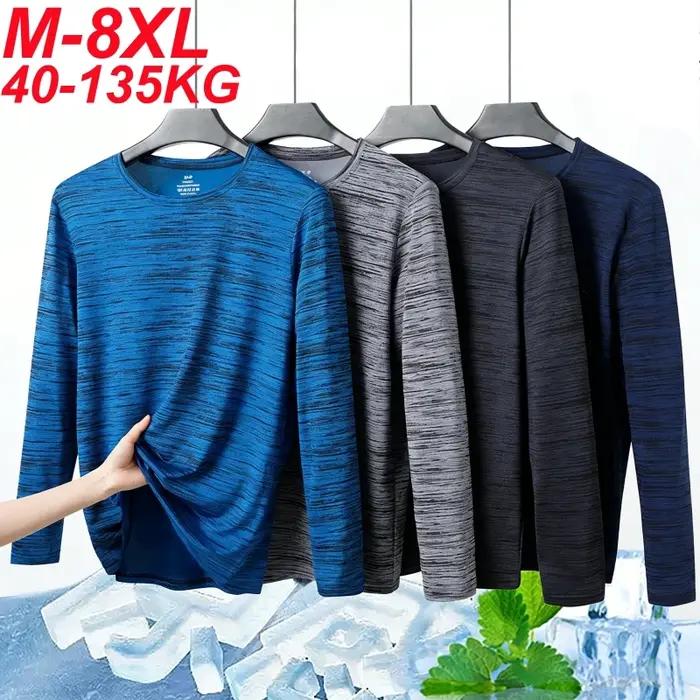 T-shirt d'été pour homme à manches longues, séchage rapide, en soie glacée, haute élasticité, grande