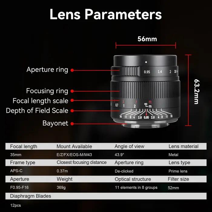 7artisans Objectif Portrait 35mm F0.95 Grande Ouverture Pour Sony E ZVE10 FX30 Fuji FX X-T1 X-A1/X-A
