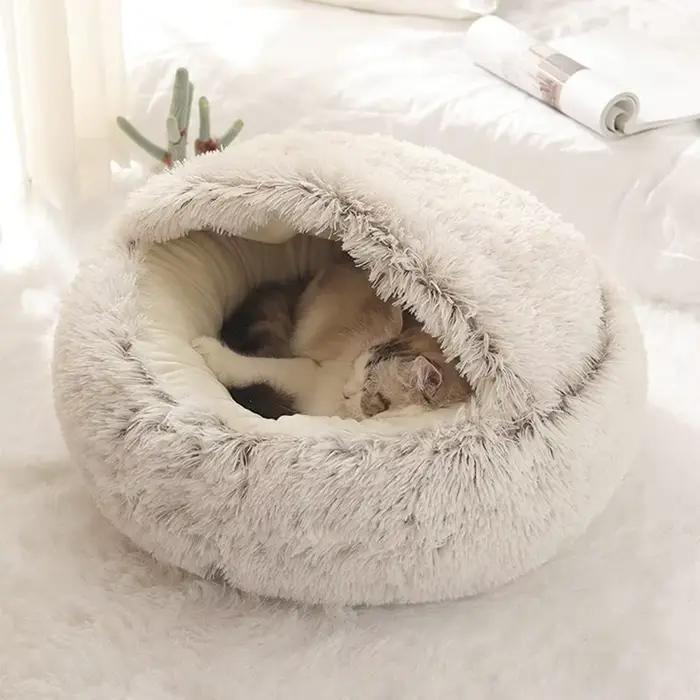 Lit rond en peluche pour chat, matelas pour animaux de compagnie, panier chaud, doux et confortable,