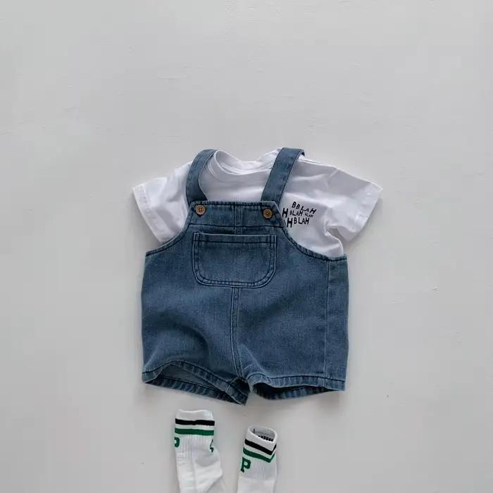 T-shirt en denim pour bébé fille et garçon, combinaison pour nouveau-né, ensemble 2 pièces