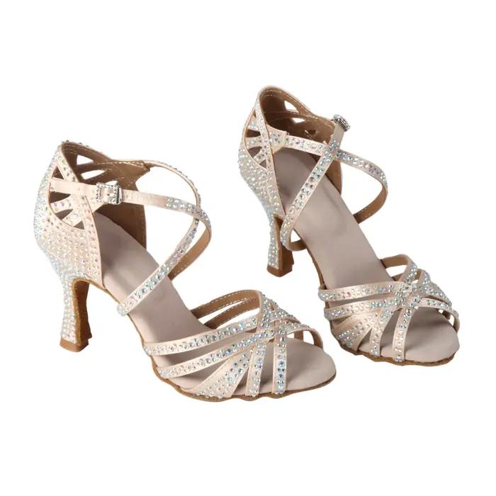 Chaussures danse latine diamants abricot noir bleu - Talons 7.5cm professionnels adultes femmes