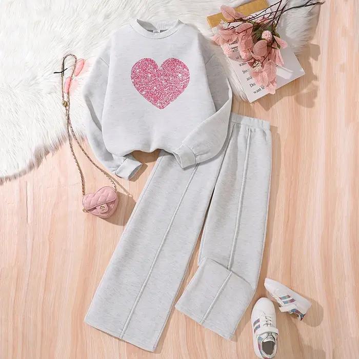 Ensemble de vêtements chauds pour enfants, couleur unie, imprimé cœur, haut et pantalon, sport décon
