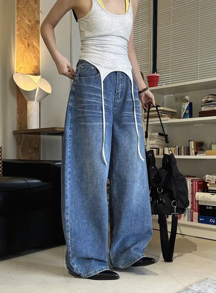 Nouveau jean délavé coupe ample taille haute style rétro américain tendance printemps/été pour femme