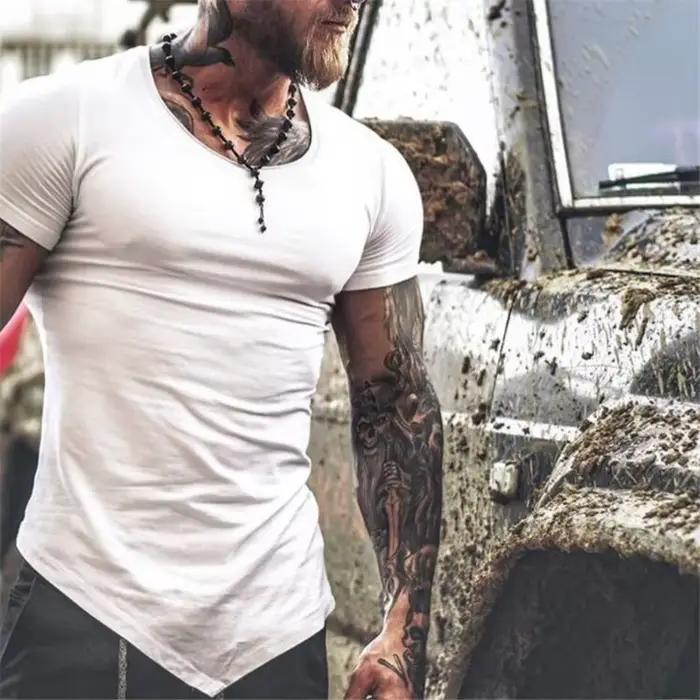 Couleur unie hommes course Sport T-Shirt hauts coton respirant à manches courtes coupe ajustée T-Shi