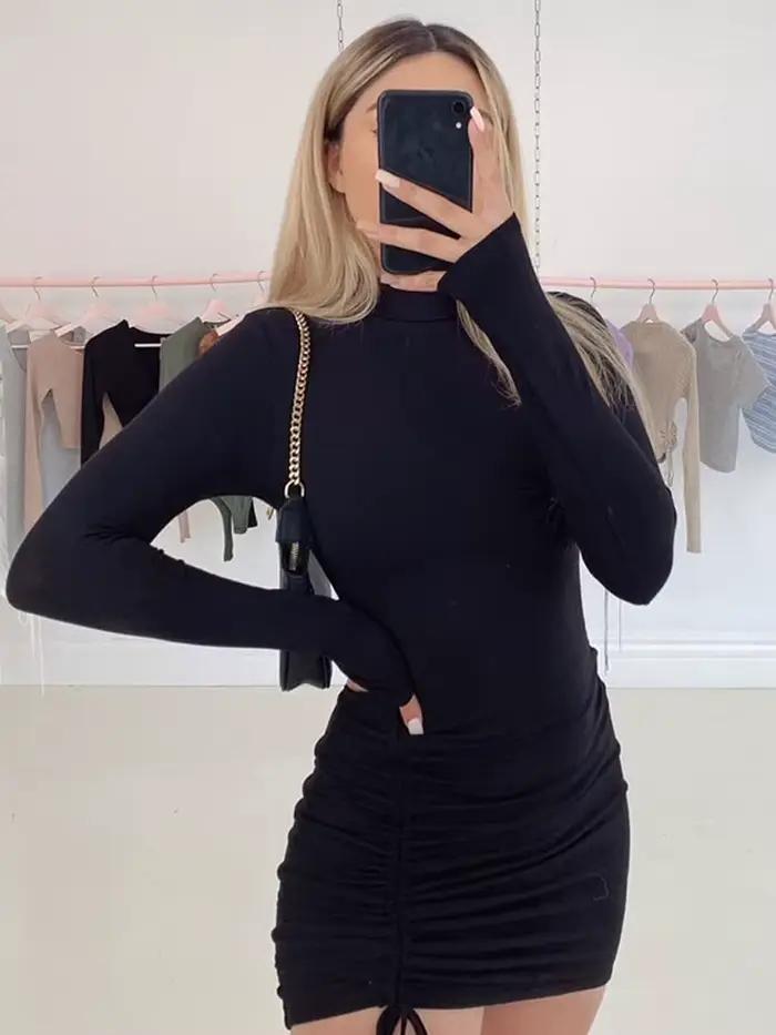 Robe moulante froncée à manches longues pour femmes, col roulé, Mini robe à bandes, noire, slim, ext