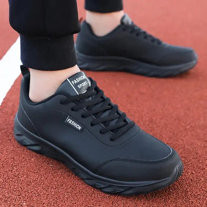 Chaussures de Course Légères et Larges en Cuir Noir pour Homme, Baskets de Marche Plates et Conforta
