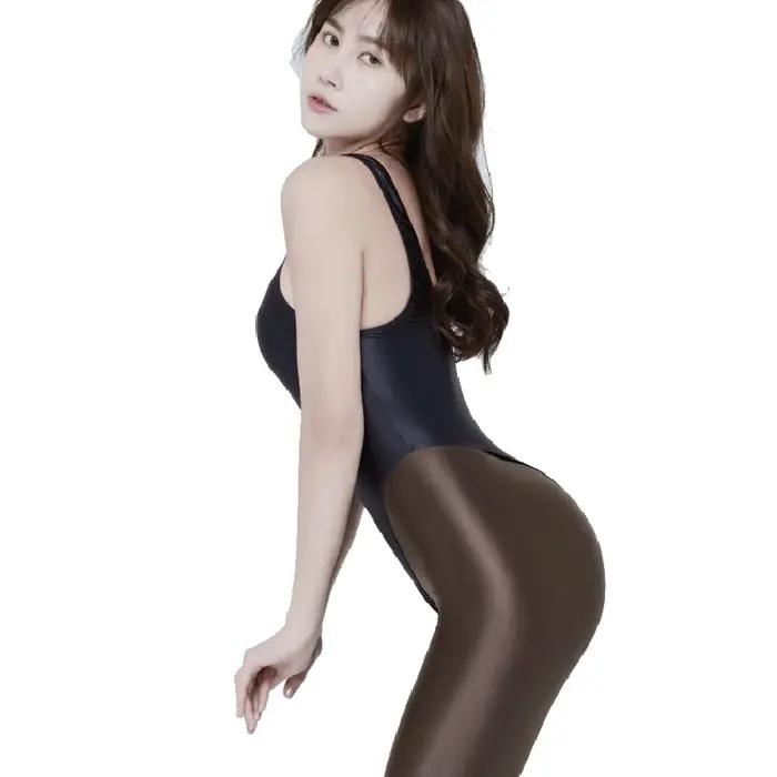 Body brillant en satin pour femmes, body sexy à fourche haute, string, moulant, soyeux, lisse, en fo