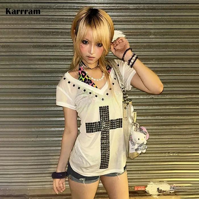 Karrram japonais Y2k métal croix imprimé T-shirt Vintage Harajuku manches courtes transparent hauts