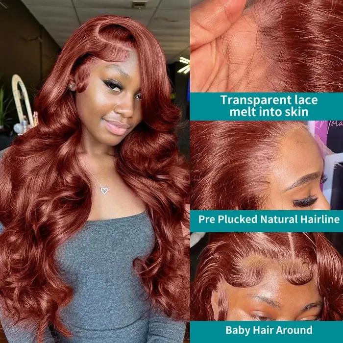 Perruque Lace Front Wig Body Wave naturelle, cheveux roux, brun foncé, 13x6 HD, 13x4, pre-plucked, e