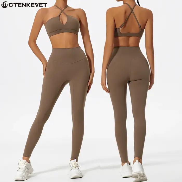 Nouvel ensemble de sport deux pièces pour femme, collection été, avec haut de yoga croisé sur la poi
