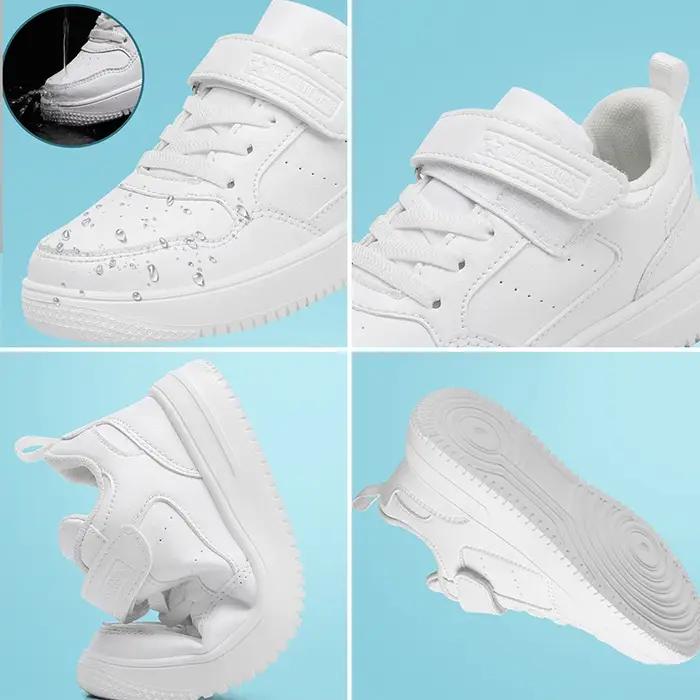 Baskets école garçons filles cuir confortables - Chaussures plates noires blanches antidérapantes pour marche