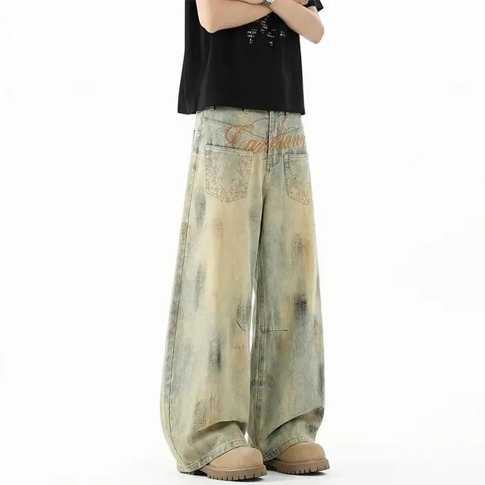 Jean vintage pour homme, délavé, effet vieilli, broderie script, coupe oversize, jambe large, style
