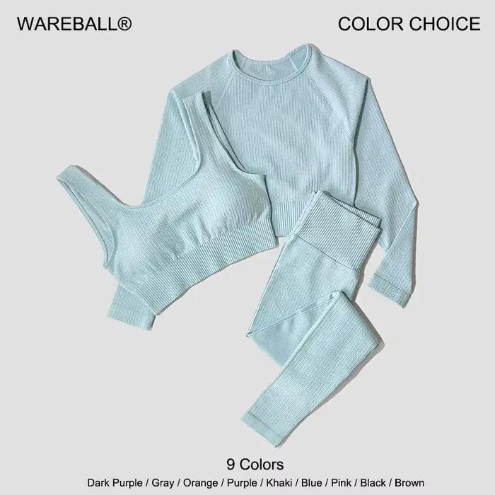 WAREBALL Ensemble de Vêtements de Yoga, Legging, Brassière et Haut à Manches longues, Sans Couture,