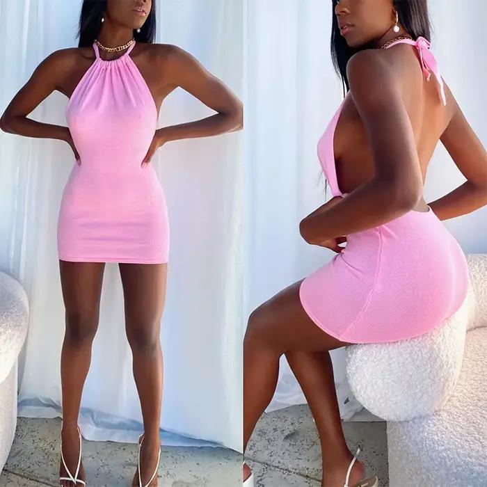 Robe moulante noire pour femmes, col licou, Sexy, slim, ajouré, dos nu, Mini, été, sans manches, pla