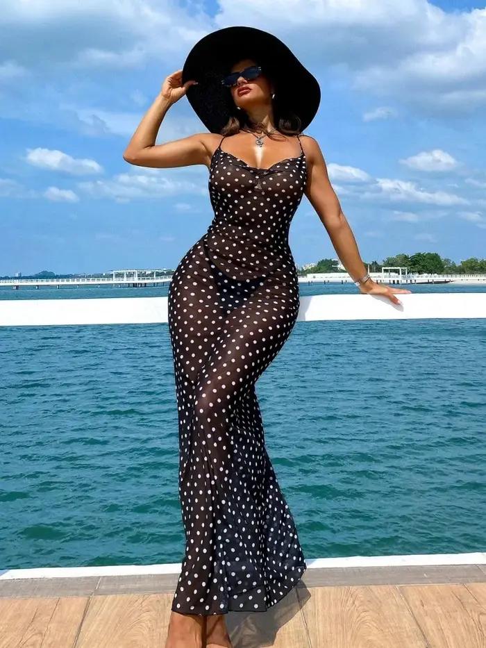 Maillot de bain une pièce 2026 NOUVEAU Noir à pois, sexy, en maille semi-transparente, avec jupe lon
