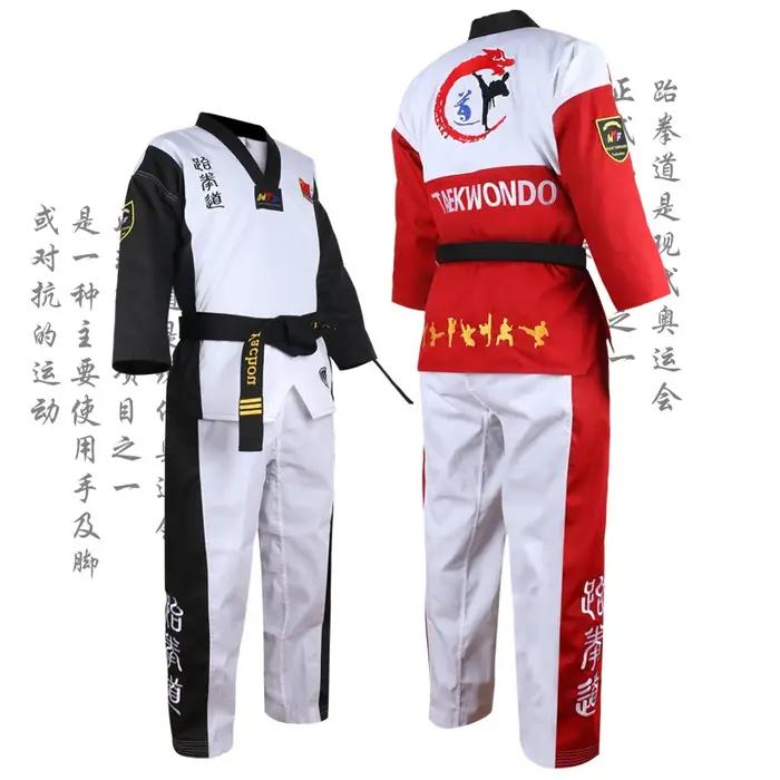 Uniforme de Taekwondo Dobok col V pour adultes et ados - Vêtements TKD noirs rouge et bleu certifiés WTF 3 documents