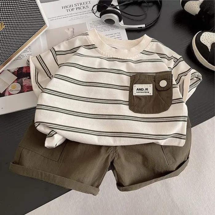 Costumes d'été pour bébés garçons t-shirt rayé poche shorts ensemble 2 pièces confortables pour tout-petit jours estivaux