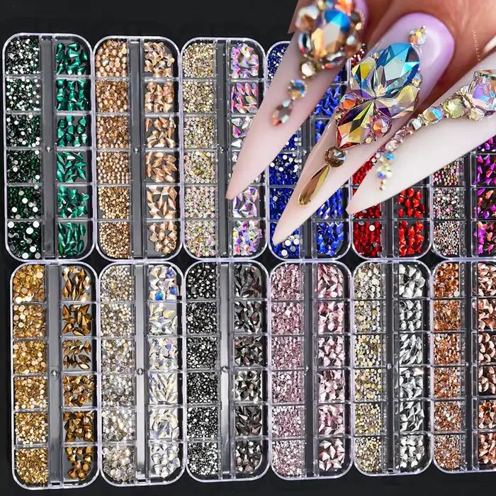 Strass en cristal de forme mixte pour Nail Art, 12 grilles, rose/rouge, pierres précieuses à dos pla