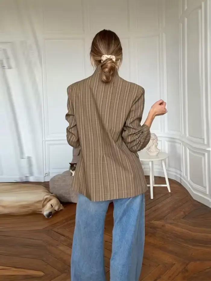 Blazer à carreaux pour femme, col montant, manches longues, bouton unique, poches, veste de bureau d