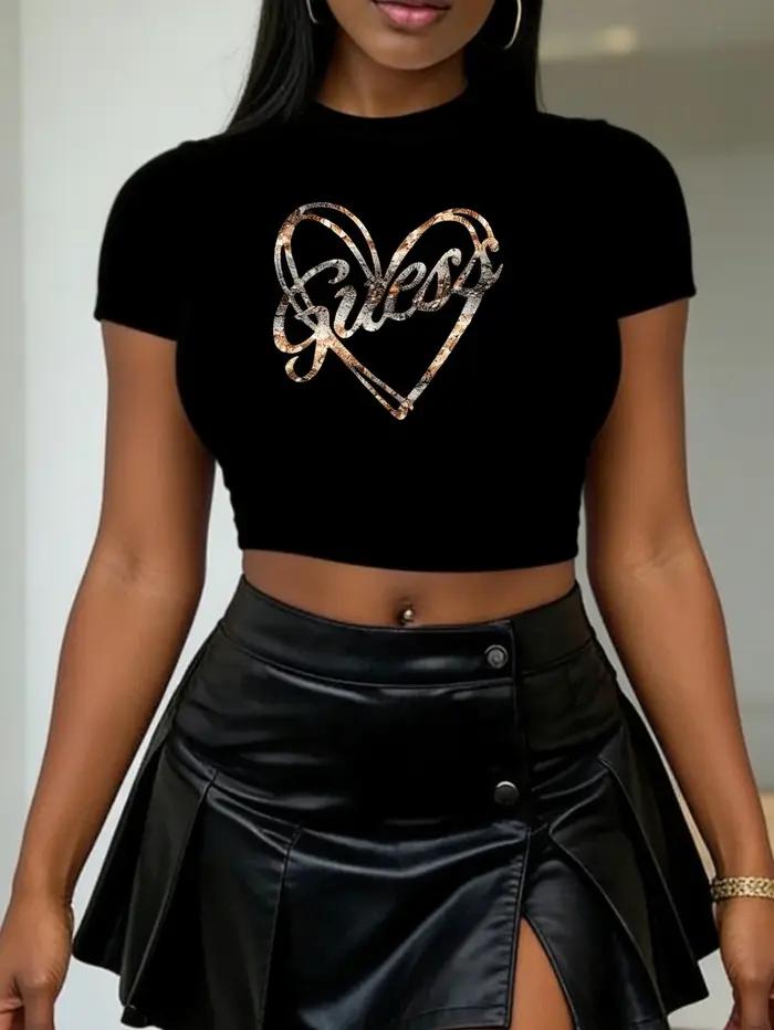 T-shirt à manches courtes pour femme, col rond, imprimé rétro en forme de cœur, ajusté et sans manch