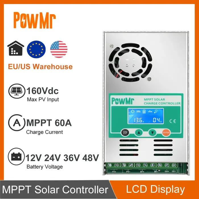 PowMr-Contrôleur de charge solaire, 60A, MPPT, rétroéclairage, 12V, 24V, 36V, 48V, batterie au lithi