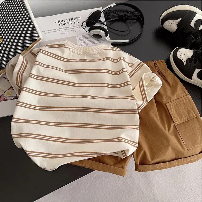 Costumes d'été pour bébés garçons t-shirt rayé poche shorts ensemble 2 pièces confortables pour tout-petit jours estivaux