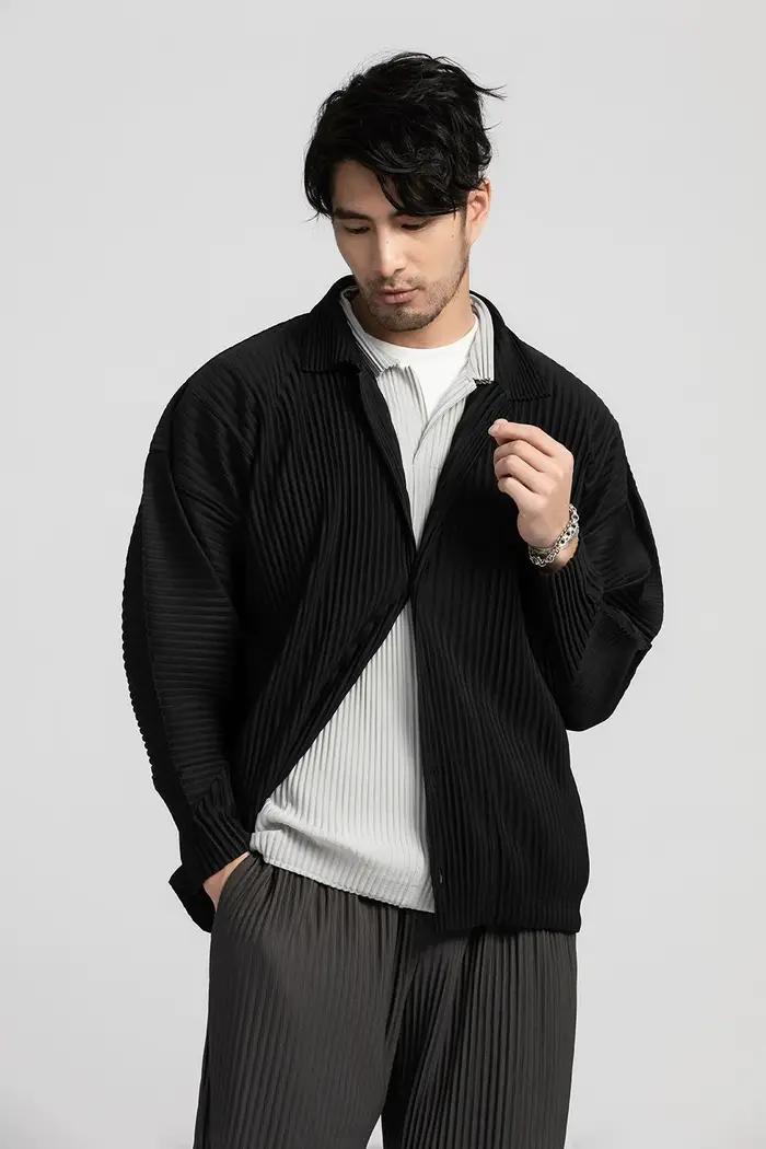Miyake chemise plissée chemise à revers noir à manches longues t-shirt pour hommes manteau décontrac