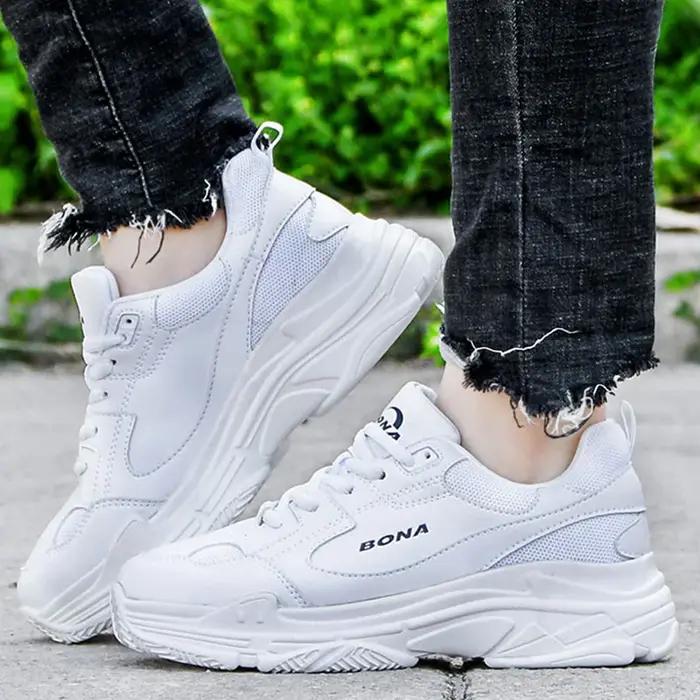 Baskets blanches plates BONA pour femmes - Chaussures décontractées plateforme vulcanisées
