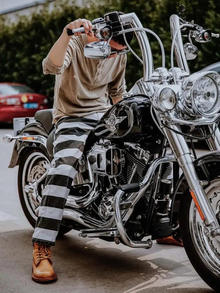 Pantalon de moto en toile lourde pour hommes, rétro américain, rayures noires et blanches, droit, dé