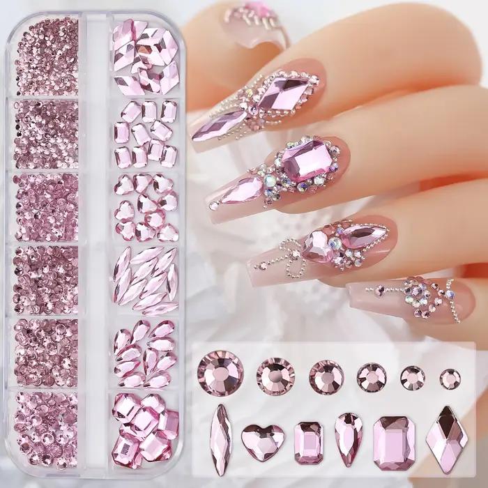 Strass 3D rose pour Nail Art, 12 grilles, pierres précieuses en verre à dos plat, décorations pour N