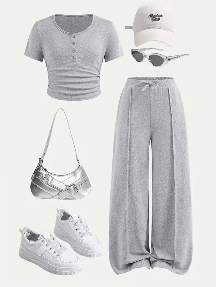Ensemble 2 pièces en tricot gris pour filles – Haut court froncé à boutons sur le devant et pantalon