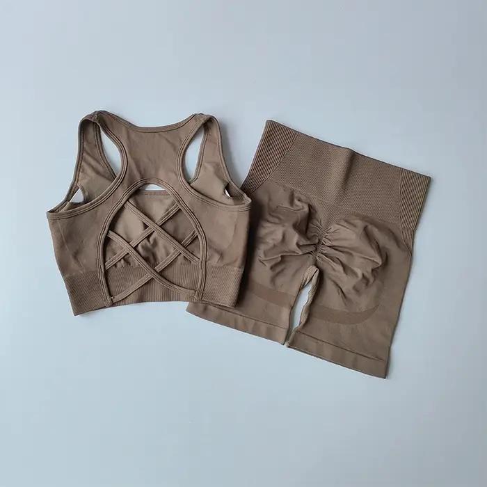 Ensemble Fitness taille haute femme - Soutien-gorge sport et short entraînement serré