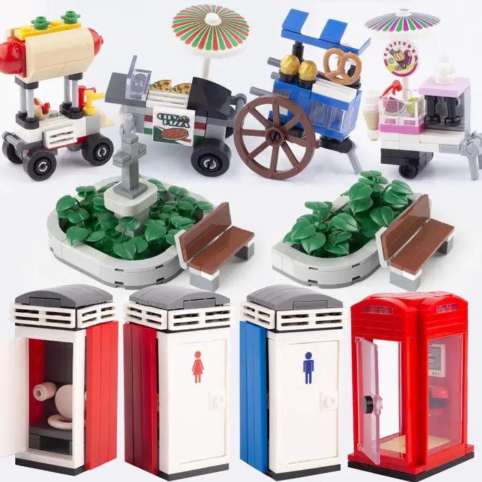 MOC – blocs de construction de stand de nourriture, boîte d'appel, toilettes, vue sur la rue, Pizza,