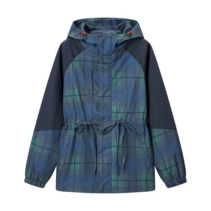 Veste rétro à carreaux pour femme, col montant, cordon de serrage à la taille, coupe-vent court à ca