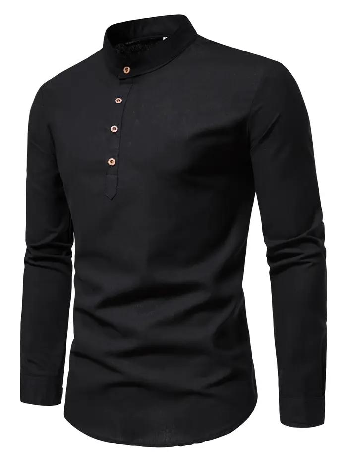 Chemises de couleur unie en pur coton pour hommes, chemises élégantes à manches longues et col monta
