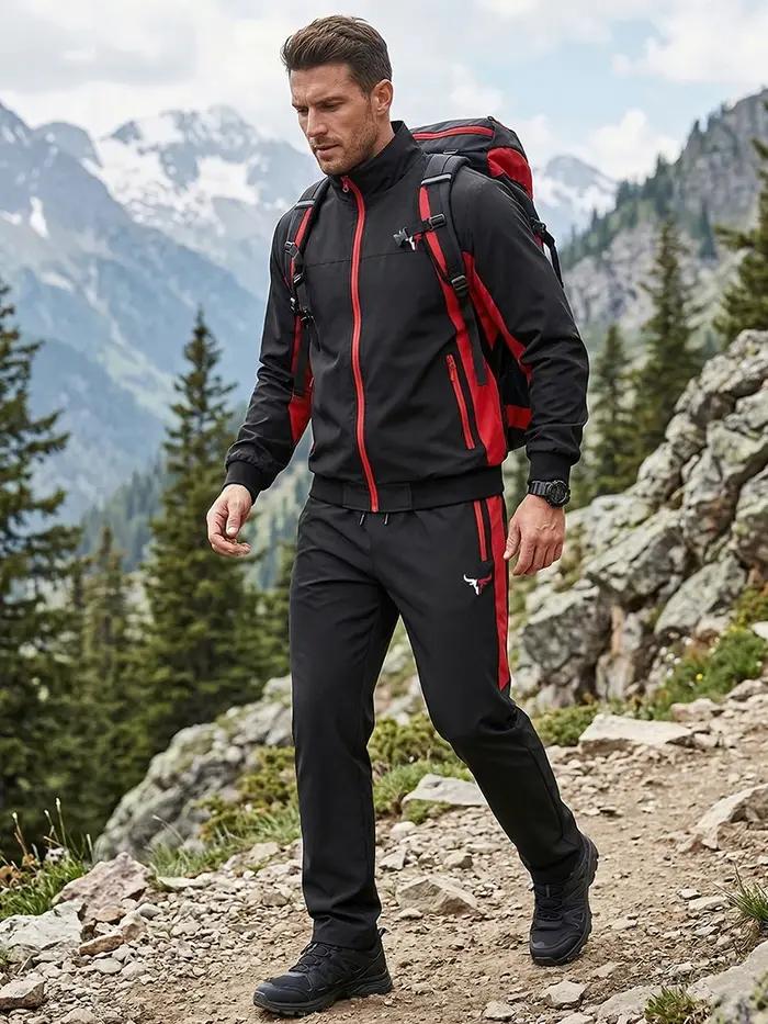 Ensemble de sport Colorblock imprimé taureau pour hommes, col montant d'extérieur, veste zippée, man