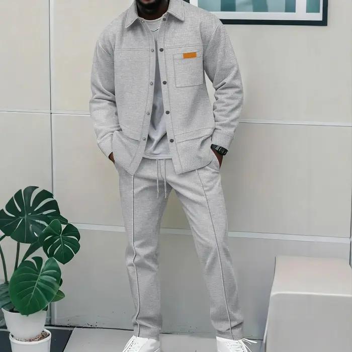 Ensemble veste et pantalon décontracté pour homme, nouveau style 2026, en tissu gaufré uni, avec col