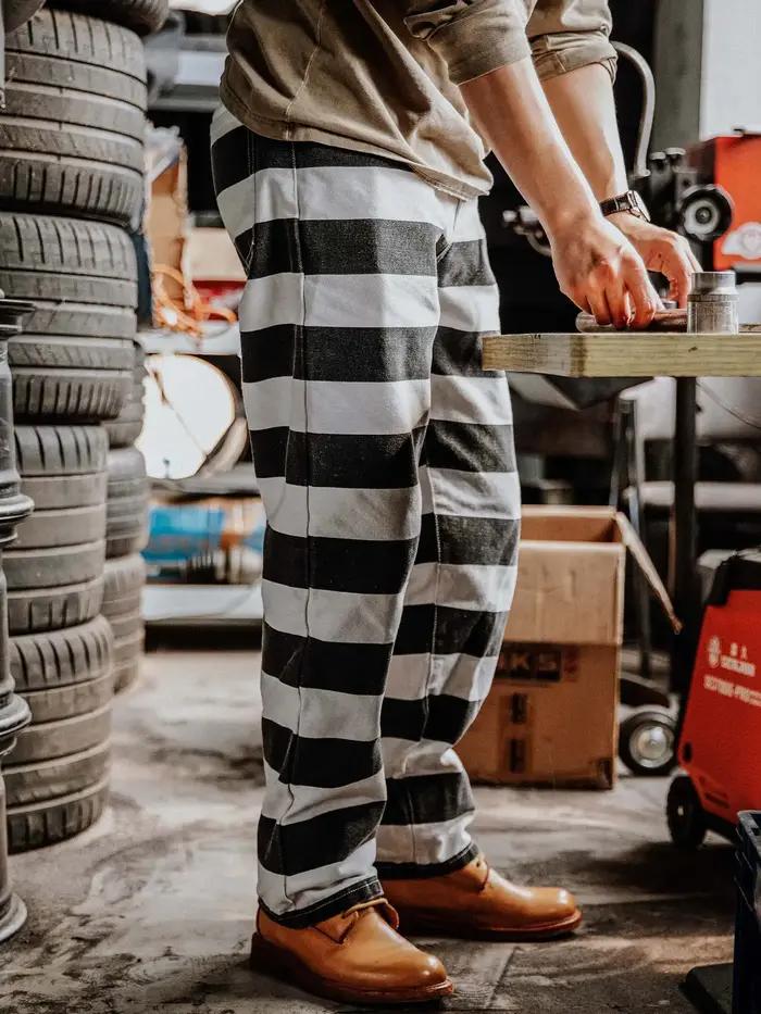 Pantalon de moto en toile lourde pour hommes, rétro américain, rayures noires et blanches, droit, dé