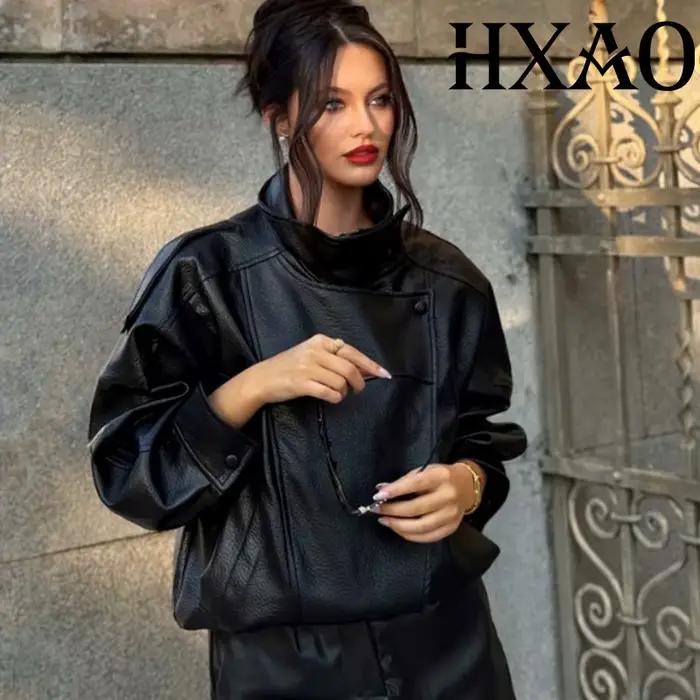 HXAO veste noire manteau femme veste en simili cuir vêtements d'extérieur Demi-saison Bomber Moto Bi