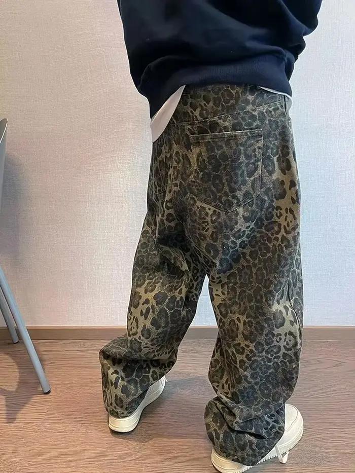 Jean léopard Tan pour homme, pantalon en Denim, surdimensionné, jambes larges, Streetwear, Hip Hop,