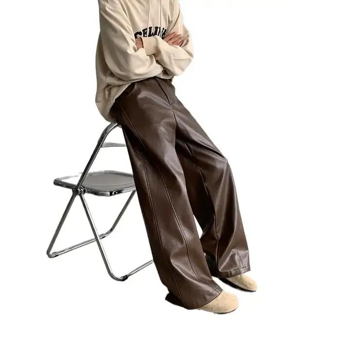 Pantalons en cuir PU pour hommes, Punk américain, mode Hip Hip, jambes larges, coupe-vent, marron fo