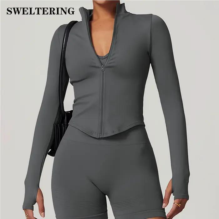 Veste fermeture éclair femme court Yoga sport solide manches longues séchage rapide