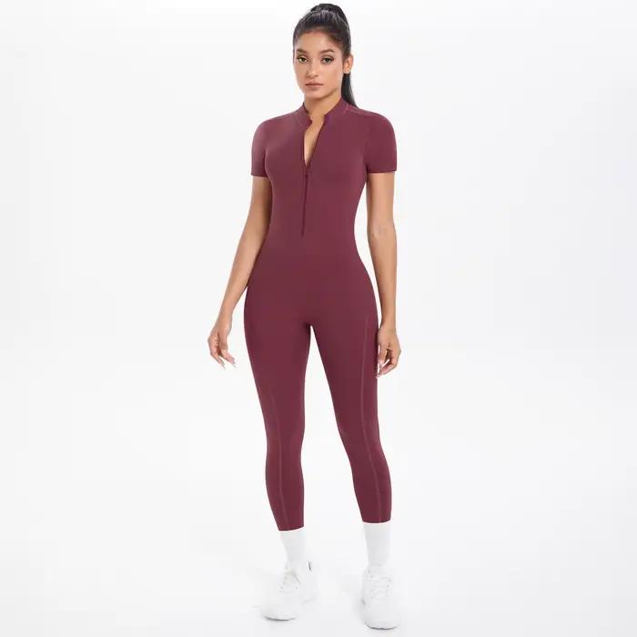 Combinaison de Fitness à manches courtes pour femmes, body dos nu, couleur unie, froissé, une pièce,