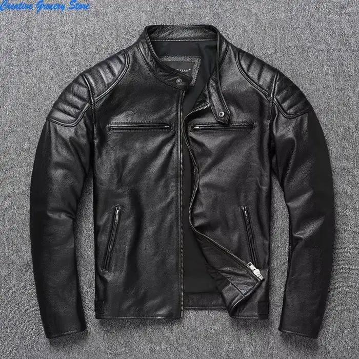 Veste de moto en cuir de vache pour hommes, col montant, mode, couleur unie, ample, polyvalente, déc