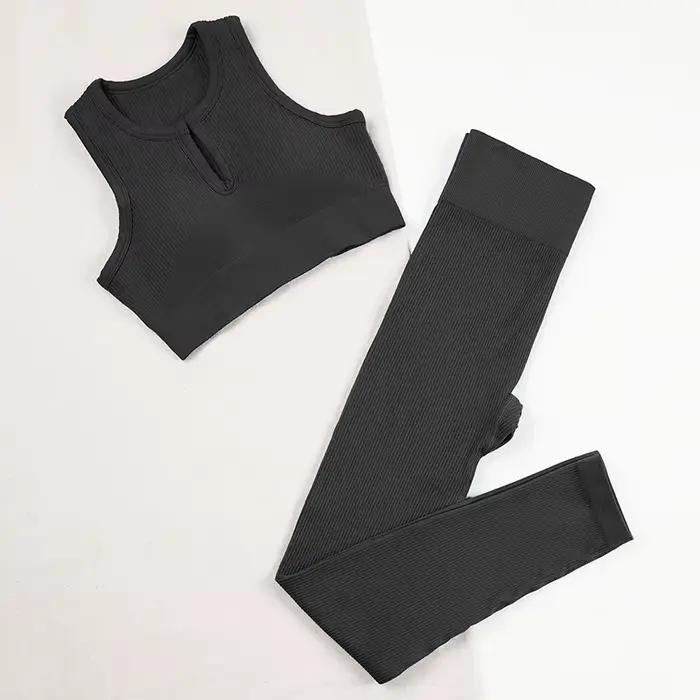 Tenue d'entraînement 2 pièces côtelée sans coutures femme - Ensemble yoga confortable leggings et débardeur